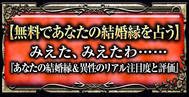 【無料であなたの結婚縁を占う】
みえた、みえたわ……
『あなたの結婚縁＆異性のリアル注目度と評価』