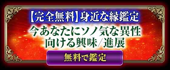 【完全無料】身近な縁鑑定
今あなたにソノ気な異性
向ける興味/進展
無料で鑑定